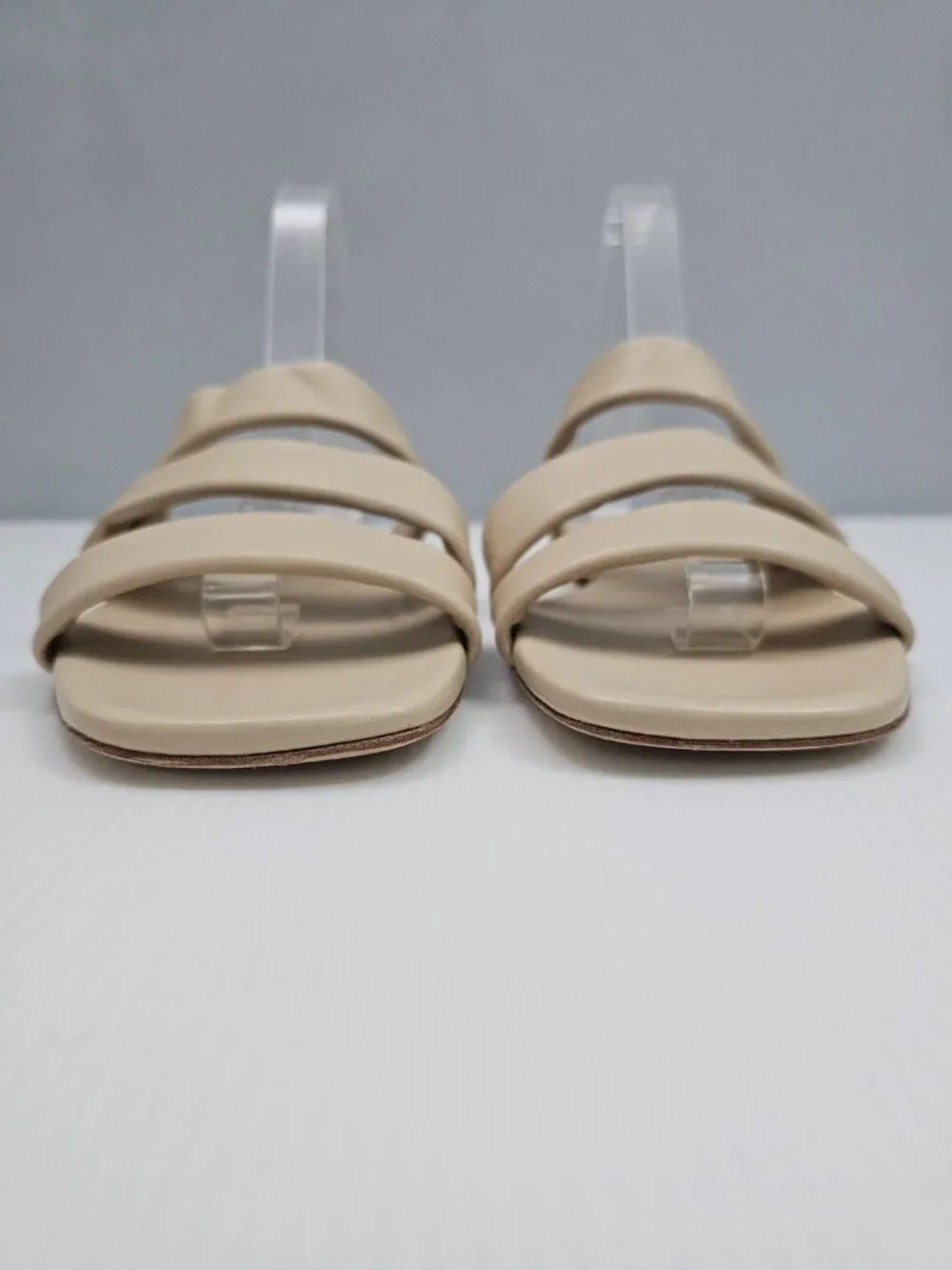 Vince Dallas Flat Slide Sandal Womens 9.5 Beige Leather Triple Strap Square Toe